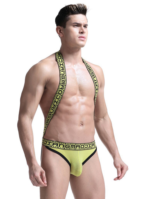 Sous-vêtement Homme Sexy Maille U-convexe Grande Poche Respirant Combinaison Bretelles Dos-nu